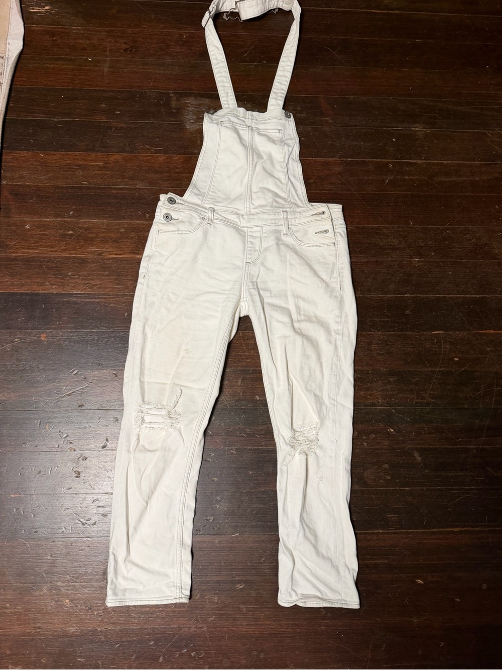 PAIGE White Distressed Denim Overalls